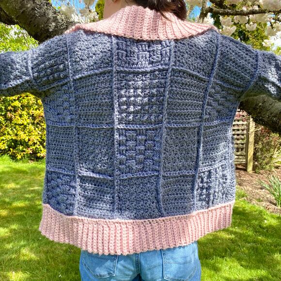 Crochet Granny Square Cardigan Small Gray Pink Handmade Harry Styles Inspired - Picture 3 of 7